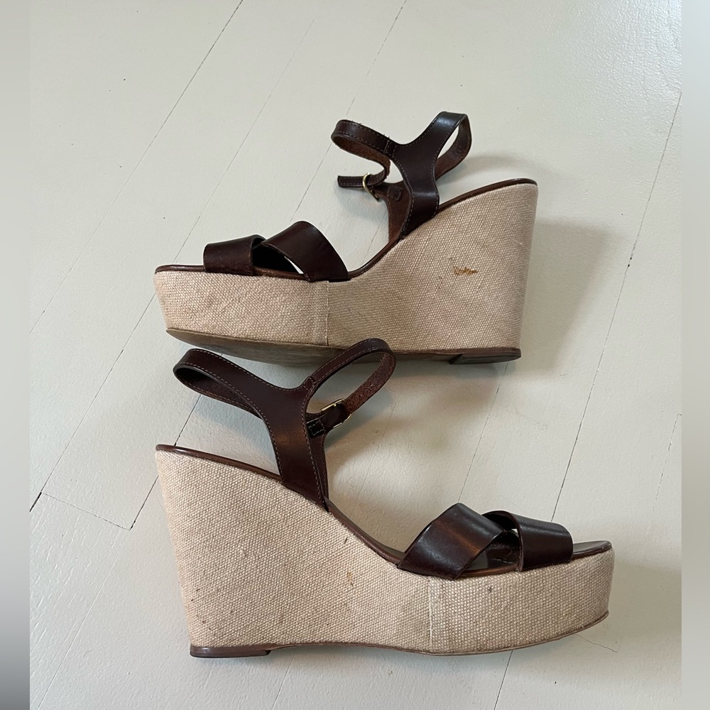 J Crew Brown leather and fabric wedge platform sandal